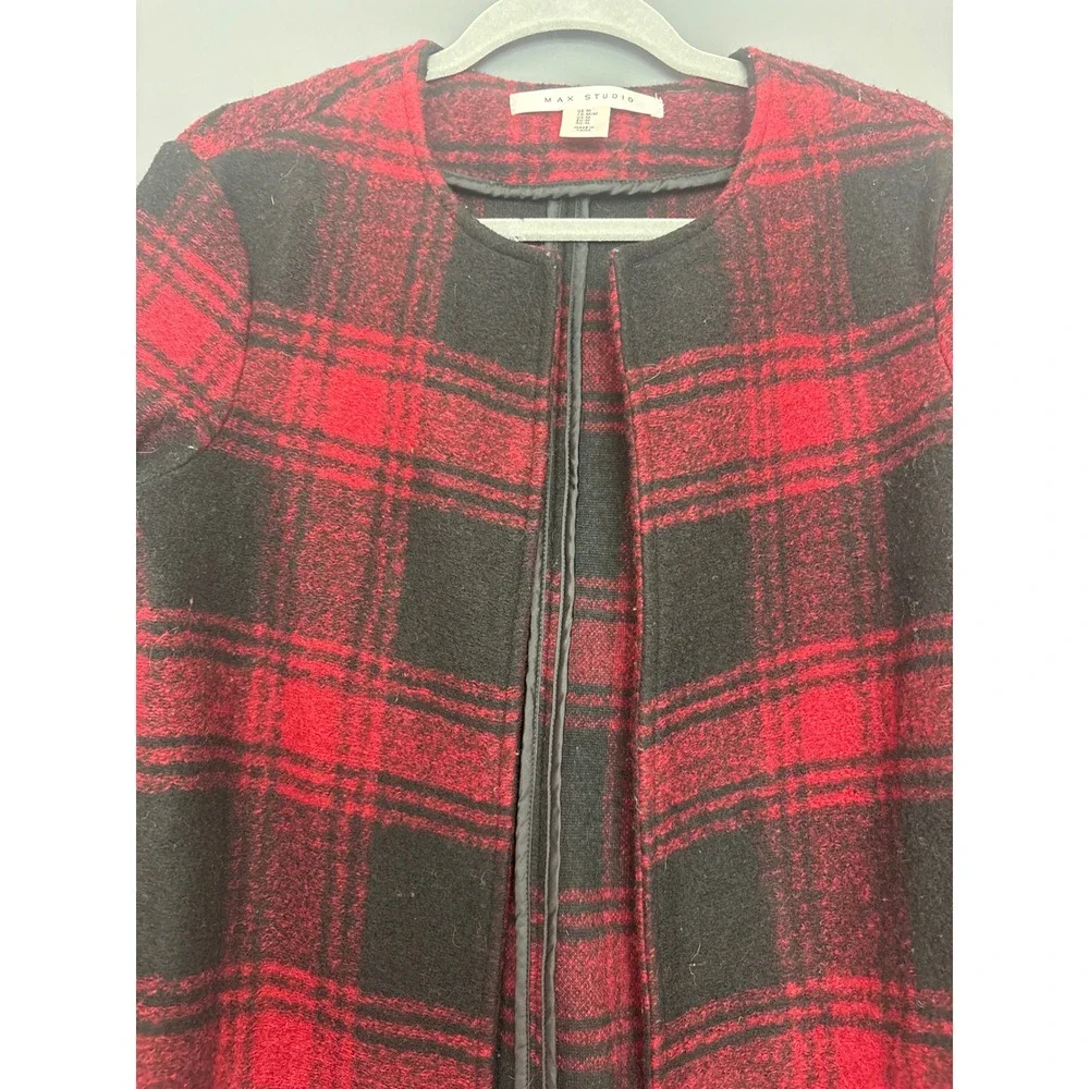MAX STUDIO Womens‎ Red Black Plaid Collarless Open Front Coat Jacket M